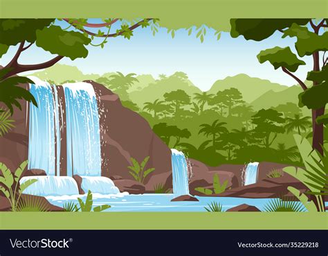 Waterfall In Green Jungle Rainforest Fresh Vector Image