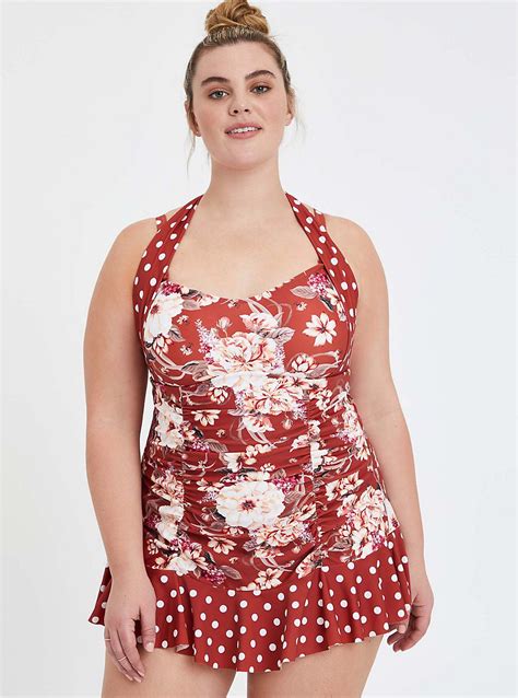 Plus Size Ruched Halter Retro Short Swim Dress Floral Torrid