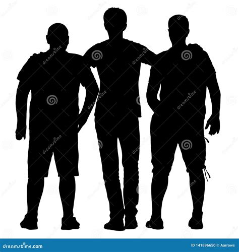 Black Silhouette Three Men Stand Embracing On White Background Stock