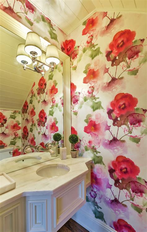 Shown in the blush pink colourway #pinkfloralwallpaper #floralwallpaperbedroom. Large print floral wallcovering brings a small powder room ...
