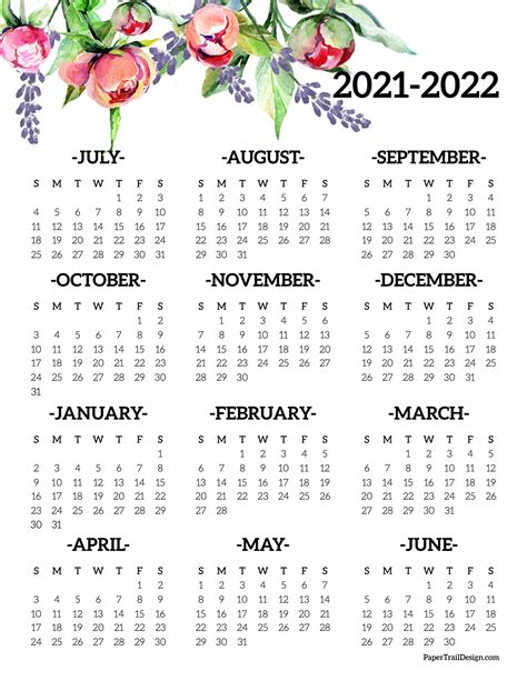 2021 2022 School Year Calendar Free Printable Paper Trail Design