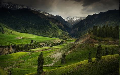 Mountain Valley Nature Landscape Forest China Green Snowy Peak Clouds