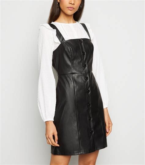 Black Leather Look Button Pinafore Dress New Look Pinafore Dress