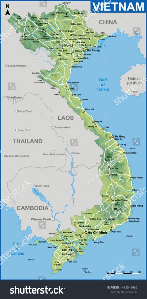 Physical Map Vietnam Detailed Road Network เวกเตอร์สต็อก ปลอดค่า