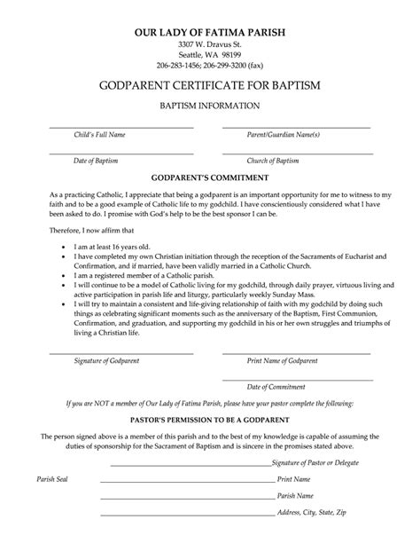 Fillable Online Godparent Certificate For Baptism Our Lady Of Fatima