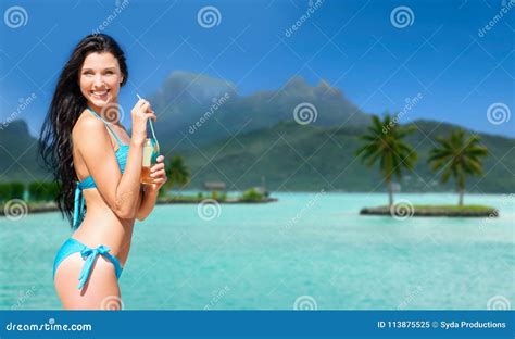 Woman In Bikini With Drink On Bora Bora Beach Stock Image Image Of Hot Sex Picture
