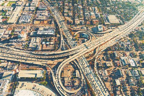 Aerial View Of A Freeway Intersection In Los Angeles Stock