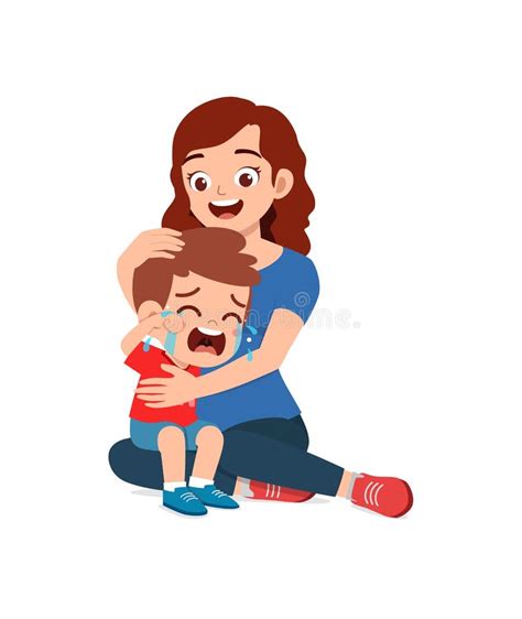 Young Mother Hug Crying Little Boy And Try To Comfort Stock Vector