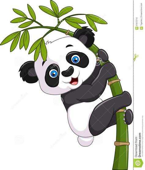 Cute Funny Baby Panda Hanging On A Bamboo Tree Stock
