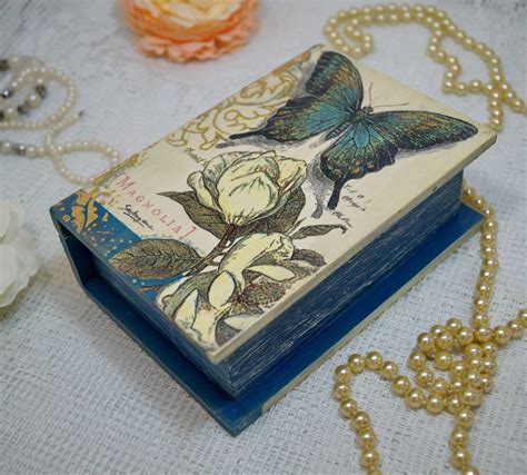 Turquoise wooden book box for jewelry storage with flowers and | Etsy ...