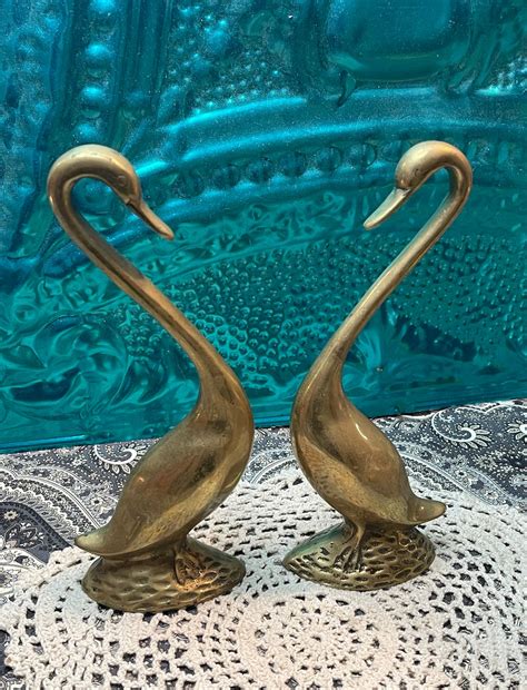 Vintage Brass Swans Set Of Two Aged Etsy
