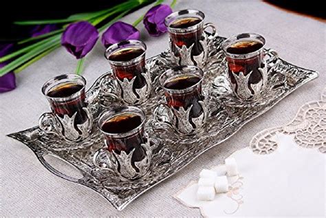 Turkish Tea Set For 6 Glasses With Brass Holders Lids Saucers Tray