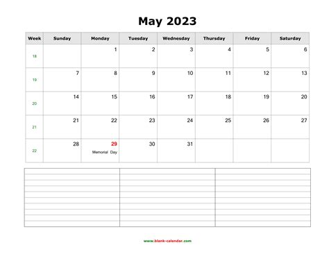 Download May 2023 Blank Calendar With Space For Notes Horizontal