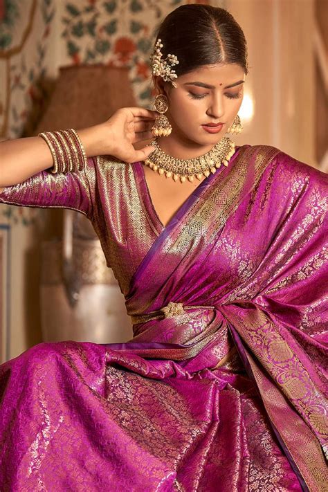 Magenta Pink Arunima Kanjivaram Saree With Copper Zari Weaving For