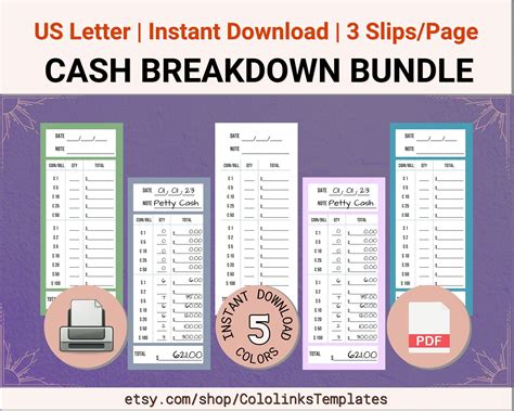 Set of 5 PRINTABLE Cash Breakdown Slips, Teller Slips, Cash Inserts