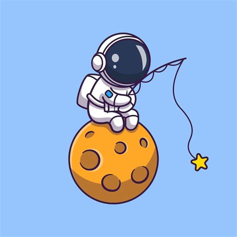 Astronaut Fishing On Moon Icon Illustration Spaceman Mascot Cartoon Character Science Icon