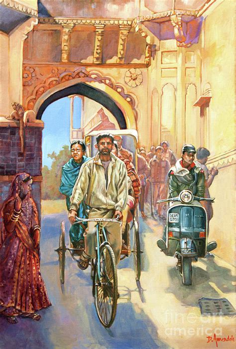 India Street Scene With A Bicycle Rickshaw Painting By Dominique Amendola Fine Art America