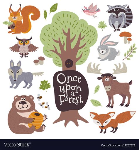 Cute Cartoon And Wild Woodland Animals And Forest Vector Image