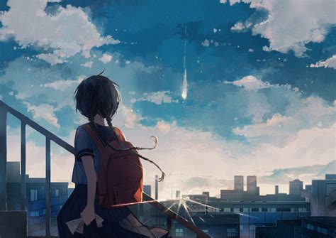 Black Haired Female Anime Character Illustration Sky Blue Clouds
