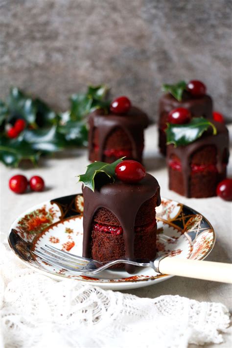 Some of these christmas desserts don't even require time in the oven! Chocolate Cranberry Christmas Mini Cakes (vegan, gluten-free, nut-free) - Nirvana Cakery