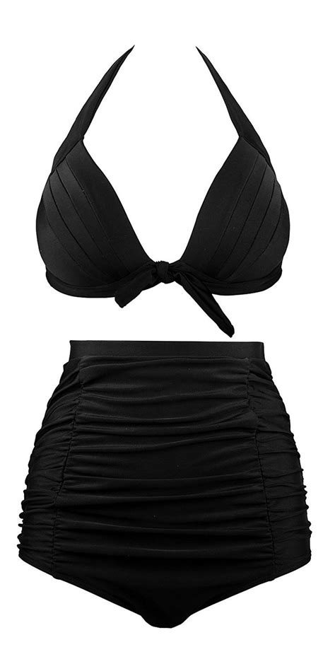 Women Vintage Ruched High Waisted Bikini Two Piece Swimsuits Black