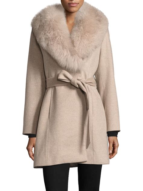 Sofia Cashmere Fox Fur Trimmed Wool Wrap Coat In Natural Lyst
