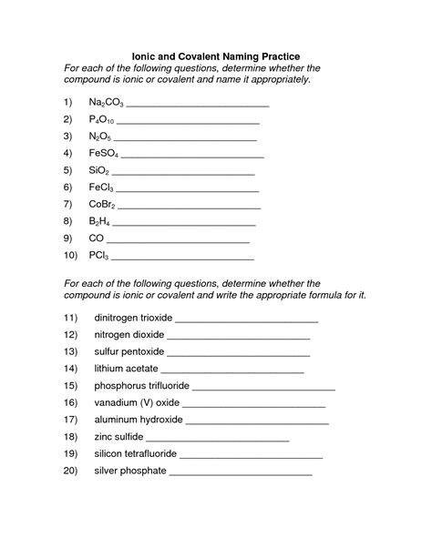 Chemistry Naming Ionic Compounds Worksheet Answers