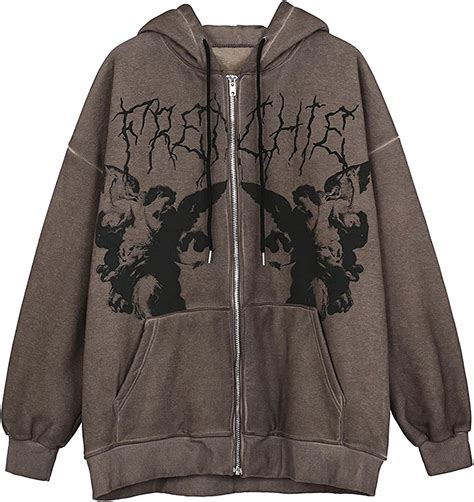 women plus size zip up hoodie y2k oversized drawstring long sleeve loose sweatshirt punk goth