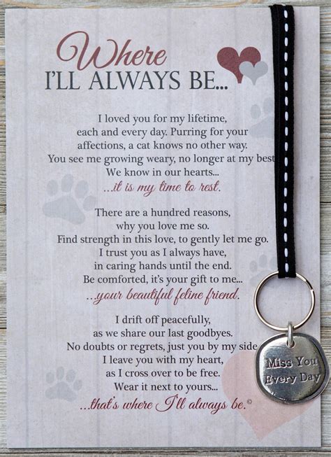 Celebrate your kitty's life or help friends and family remember their beloved pets with unique, commemorative keepsakes. Where I'll Always Be Cat Memorial Key Chain