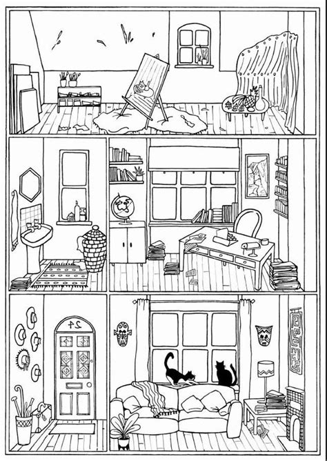 Bundle Of 4 Colouring Pages House Interiors Instant Etsy House