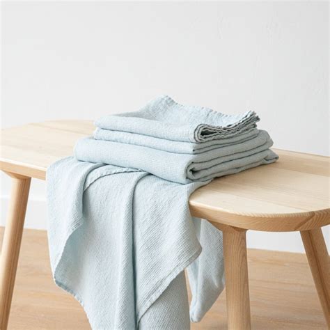 Ice Blue Linen Bath Towels And Hand Towels Washed Waffle Linenme