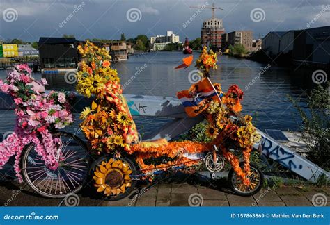 Bicycle Decorated With Flowers On A Dutch Bridge In Amsterdam Editorial