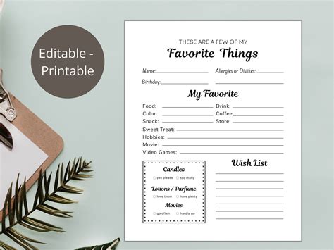 Editable My Favorite Things Printable Questionnairewish List Etsy México