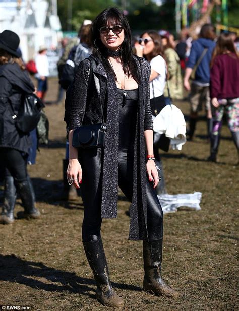 daisy lowe reveals a hint of cleavage in plunging skintight catsuit at glastonbury daily mail