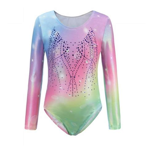 Kid Girls Gymnastic Leotard Long Sleeve Color Gradient Sparkly Ballet