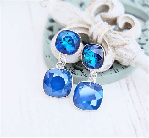 Royal Blue Crystal Earrings Square Crystal Earrings Sterling Etsy