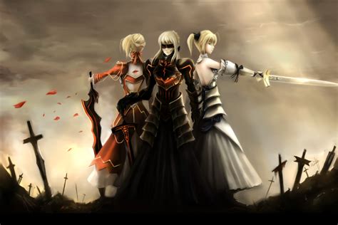 Women Trio Women With Swords Fantasy Girl Standing Blonde Anime