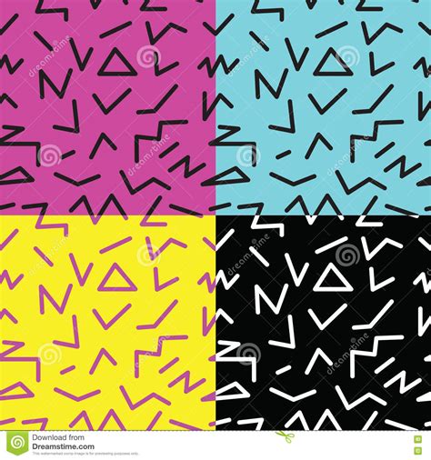 Set Of Seamless Abstract Geometric Pattern In Retro Memphis Style Stock