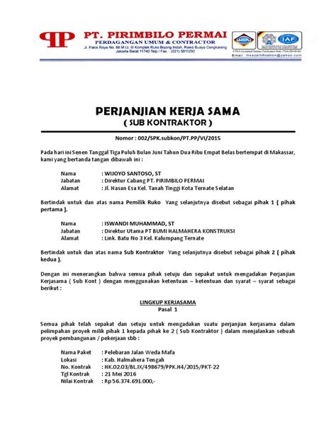 20 lebih contoh surat perjanjian kerjasama usaha, cafe, rumah makan atau usaha yang lainnya di download secara gratis. Contoh Surat Perjanjian Kerjasama Proyek