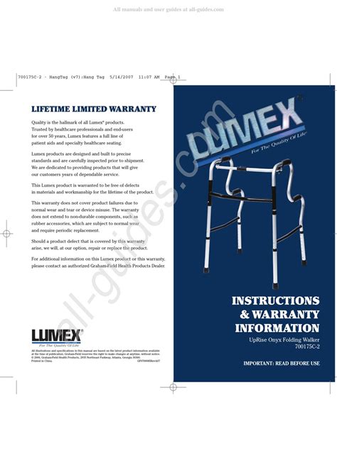 Graham Field Lumex Uprise Onyx 700175c 2 Instructions Pdf Download