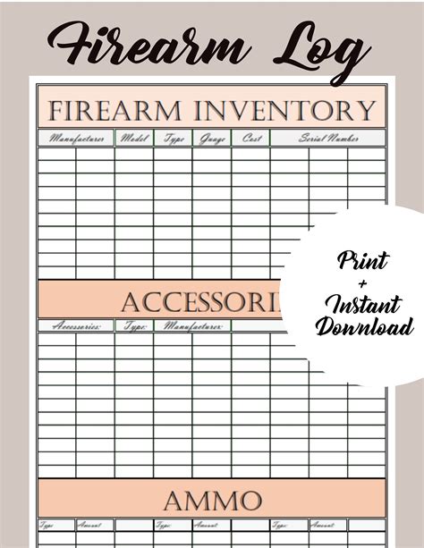 Firearm Log Gun Log Firearm List Gun List Firearm Inventory Etsy