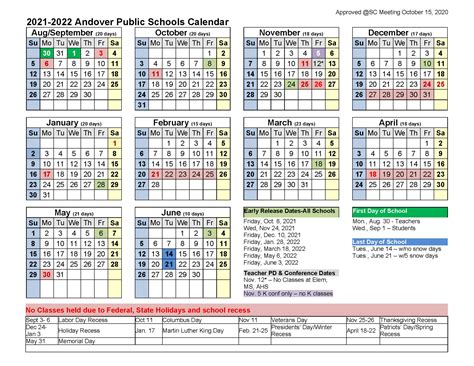 School Year Calendar 2021 22 Andover Public Schools