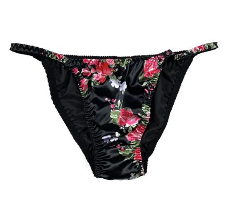 Black Satin Floral Sissy Tanga Frilly Lacy Bikini Briefs Panties Sizes