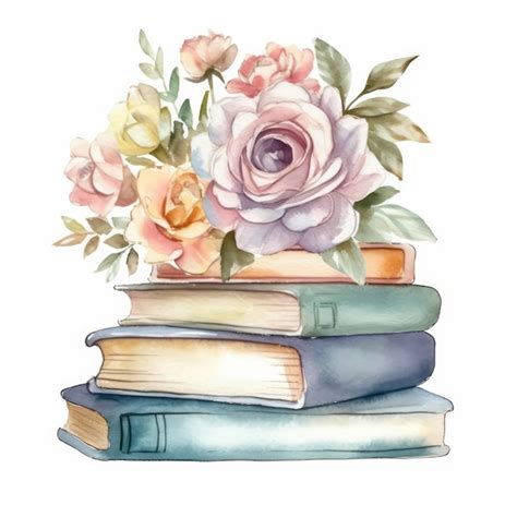 Premium Photo Watercolor Stack Of Books And Flowers On White Background