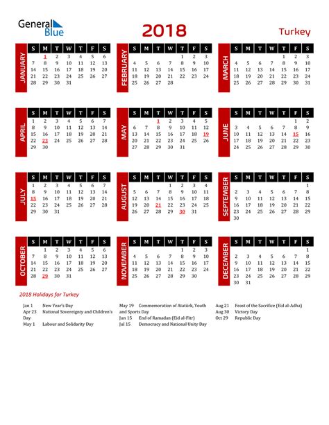 2018 Turkey Calendar With Holidays