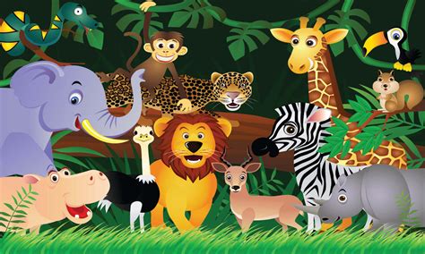 Animated Cartoon Jungle Animals Kids Mural Wallpaper