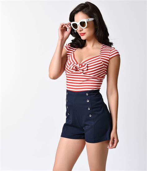 1950s Rockabilly And Pinup Tops Shirts Blouses Retro Pin Up Red White Sailor Stripe Cap Sleeve