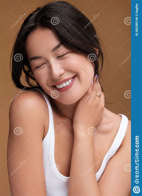 Grateful Asian Woman Touching Neck Stock Photo Image Of Isolated
