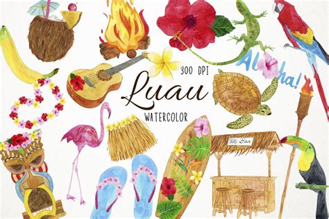 Watercolor Luau Clipart, Luau Clip Art, Hawaiian Clipart