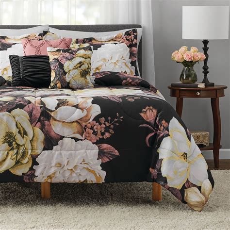 Mainstays Black Floral 8 Piece Bed In A Bag Set With Sheets Queen In
